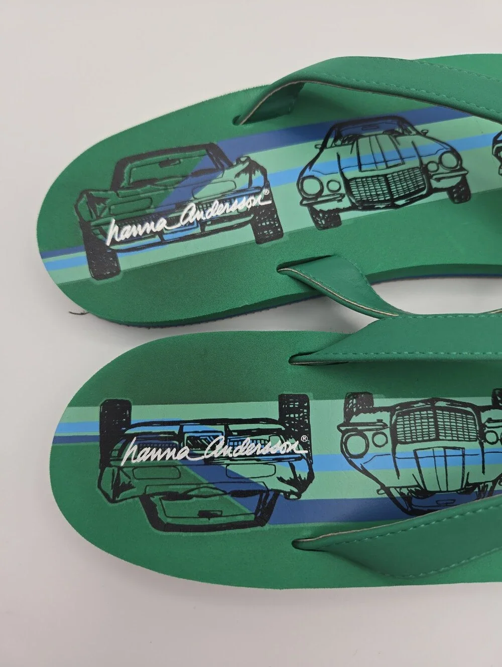 Hanna Andersson Boys Flip Flops Sandals Size Youth 3 Green Blue Car Print